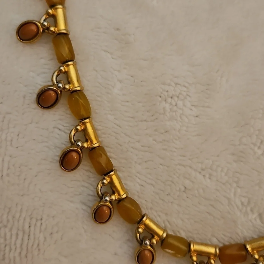 Vtg MONET Two-tone Matte Gold and Burnt Orange Beaded Charm Necklace